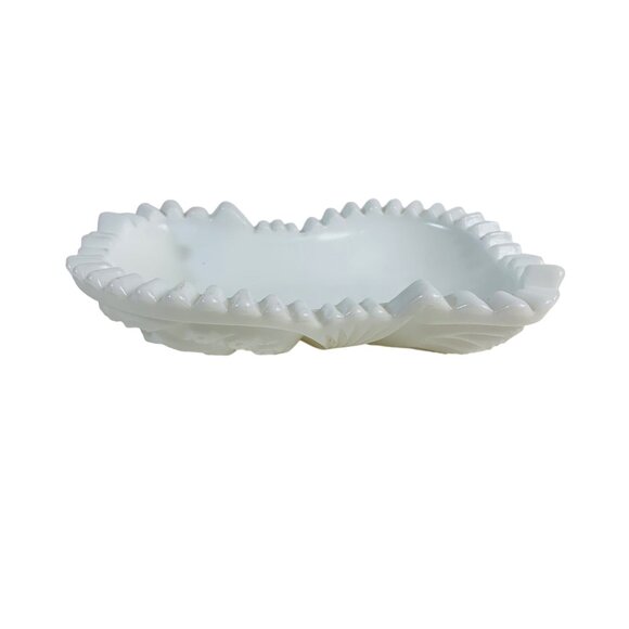 Rare Milk Glass Cottage Soap Dish White Trinket Saw Tooth Rim Hobstar Fork Patte - Picture 4 of 9